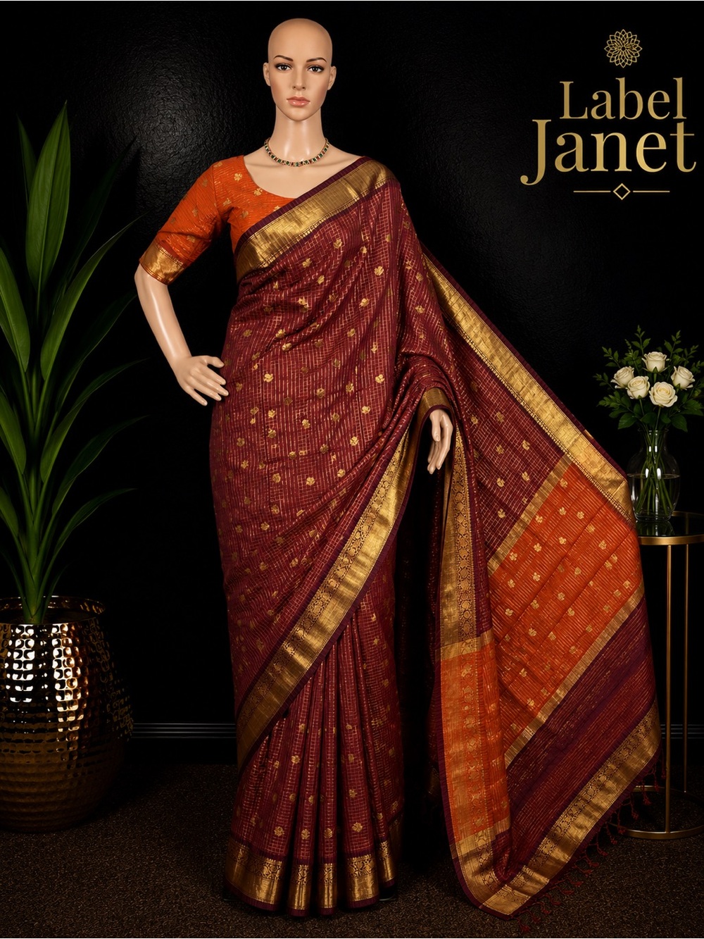 Brand new Brown checked Banarasi silk saree with stitched blouse (34” - 42”)